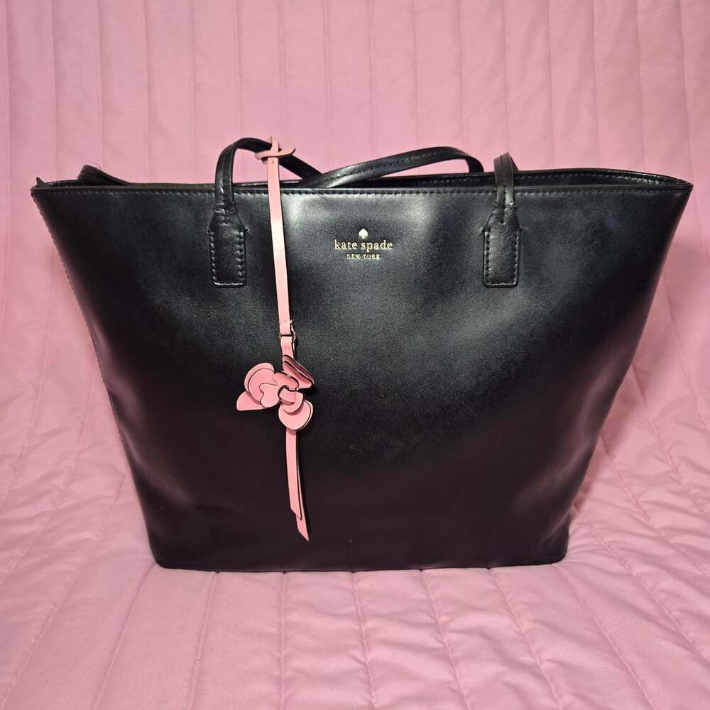 Kate Spade Karla Black Smooth Leather Tote Flower Charm